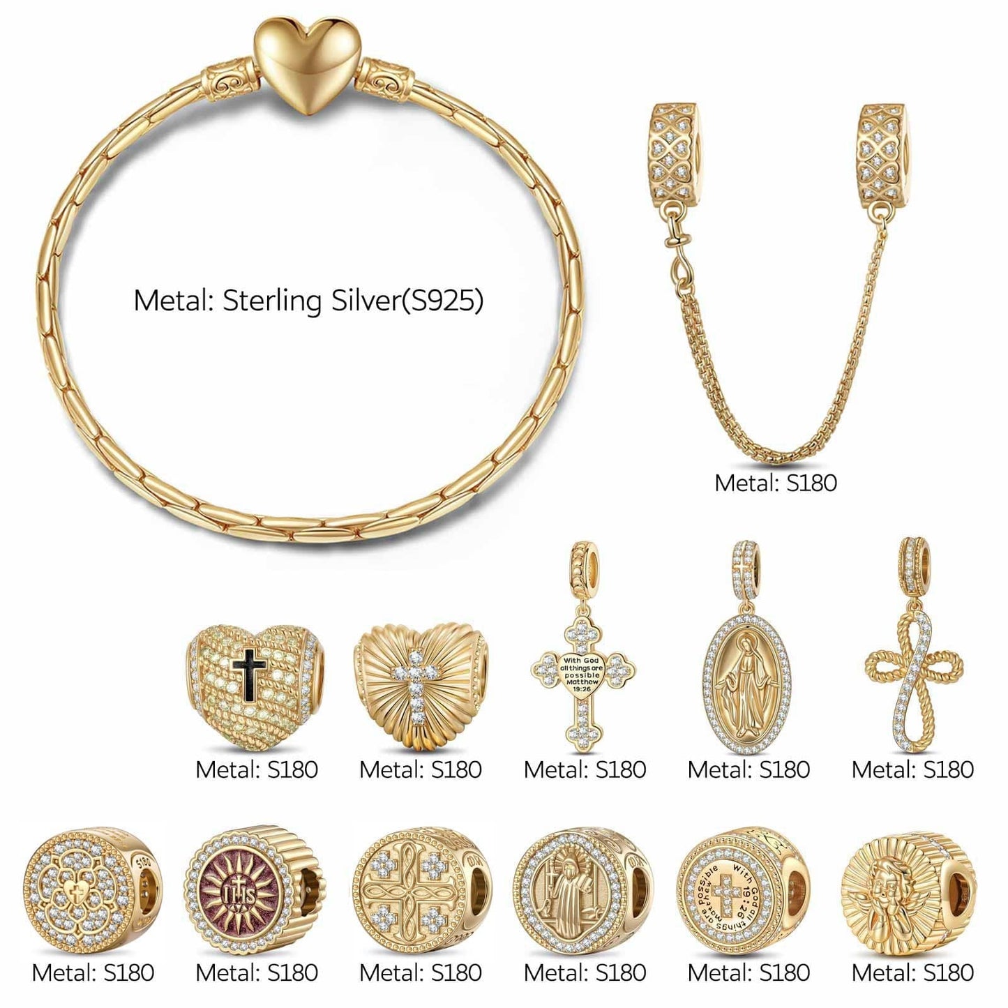 Sterling Silver Unstoppable Grace Charms Bracelet Set With Enamel In 14K Gold Plated (Includes bracelet and all charms shown)