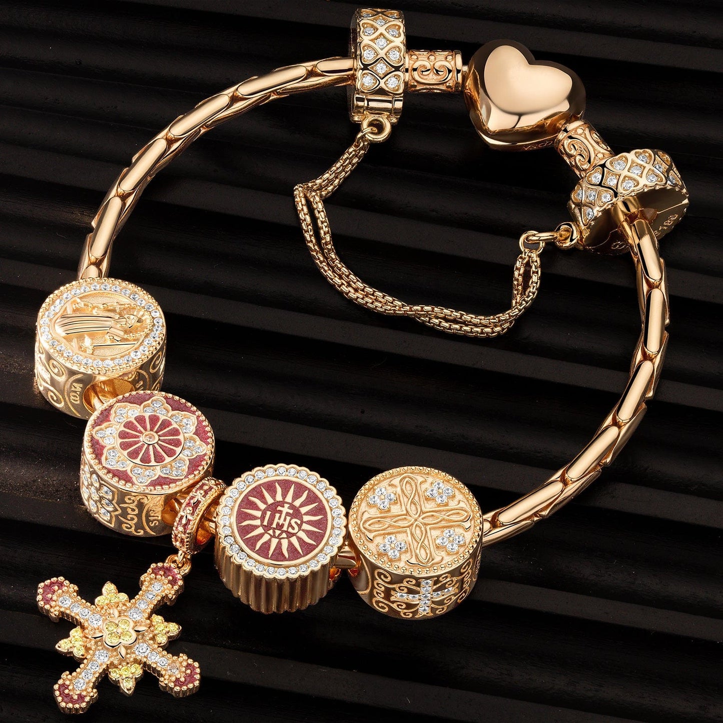 Sterling Silver Infinite Blessings Charms Bracelet Set With Enamel In 14K Gold Plated (Includes bracelet and all charms shown)