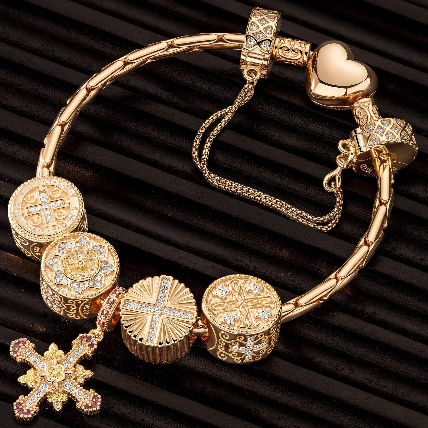 Sterling Silver Infinite Blessings Charms Bracelet Set With Enamel In 14K Gold Plated (Includes bracelet and all charms shown)