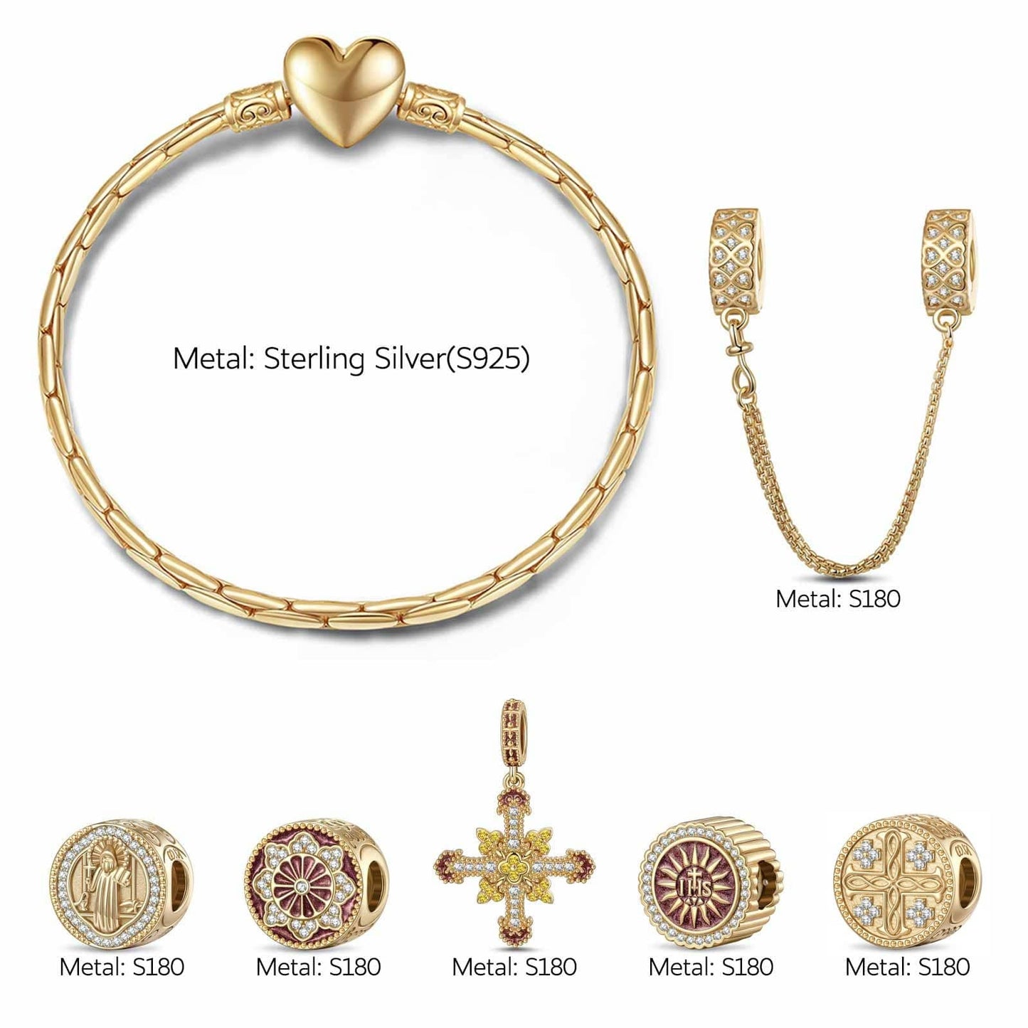 Sterling Silver Infinite Blessings Charms Bracelet Set With Enamel In 14K Gold Plated (Includes bracelet and all charms shown)