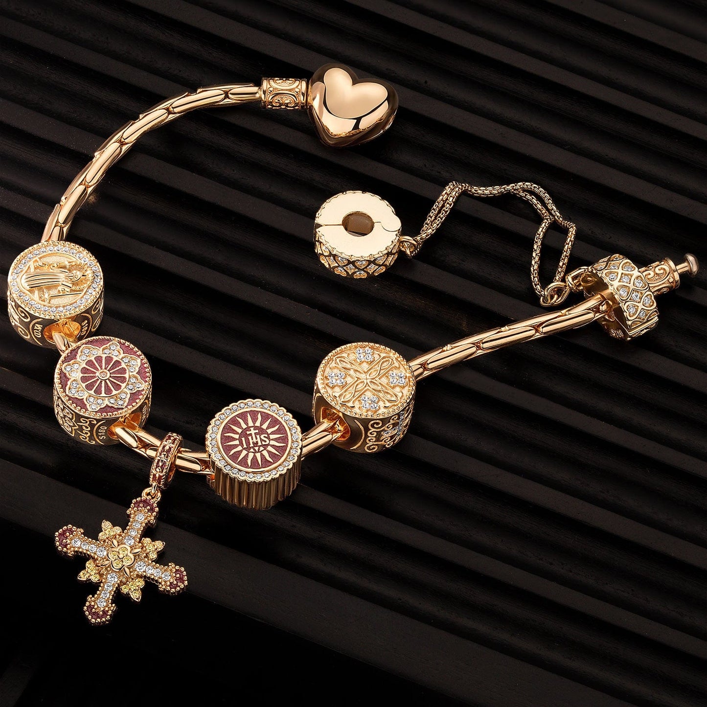 Sterling Silver Infinite Blessings Charms Bracelet Set With Enamel In 14K Gold Plated (Includes bracelet and all charms shown)