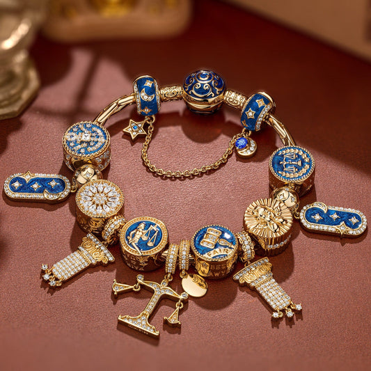 gona- Sterling Silver Judicial Symphony Charms Bracelet Set With Enamel In 14K Gold Plated (Includes bracelet and all charms shown)