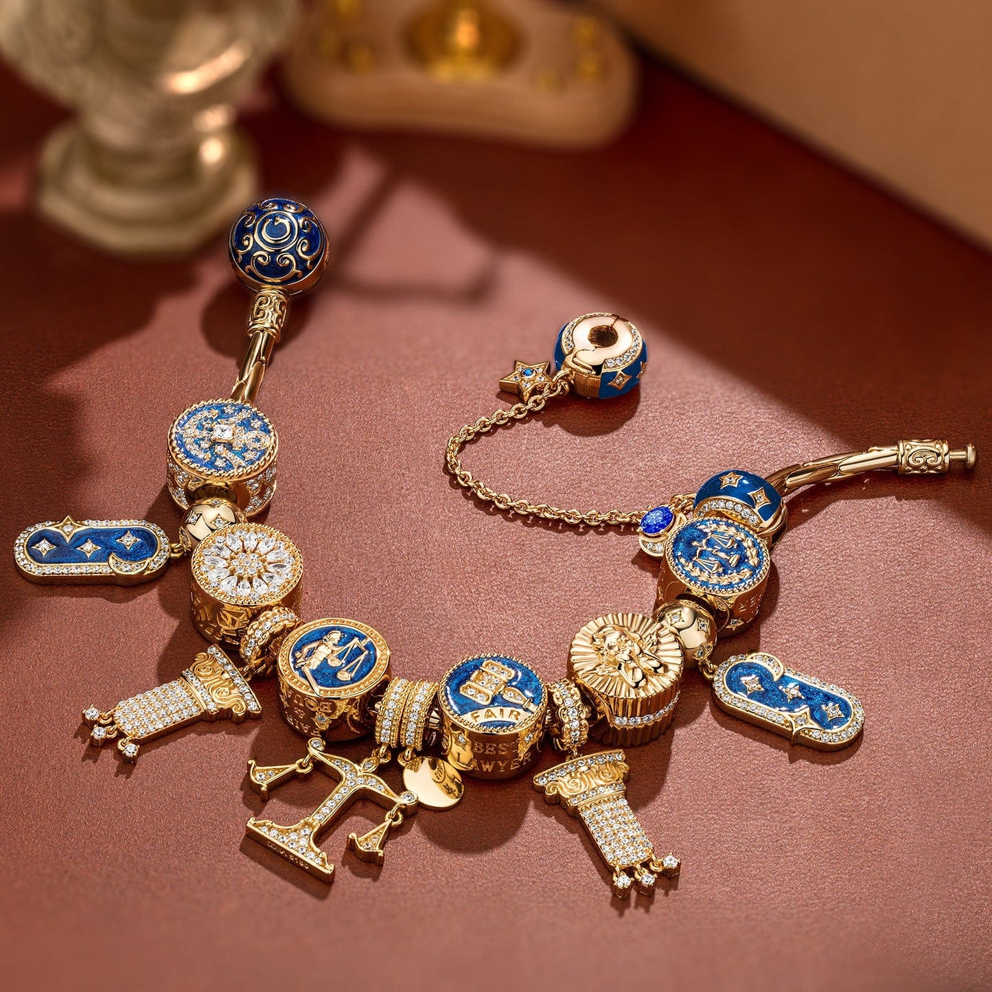 Sterling Silver Judicial Symphony Charms Bracelet Set With Enamel In 14K Gold Plated (Includes bracelet and all charms shown)
