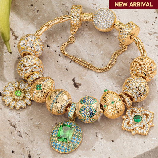gona- Sterling Silver Greenery Abloom Charms Bracelet Set In 14K Gold Plated (Includes bracelet and all charms shown)