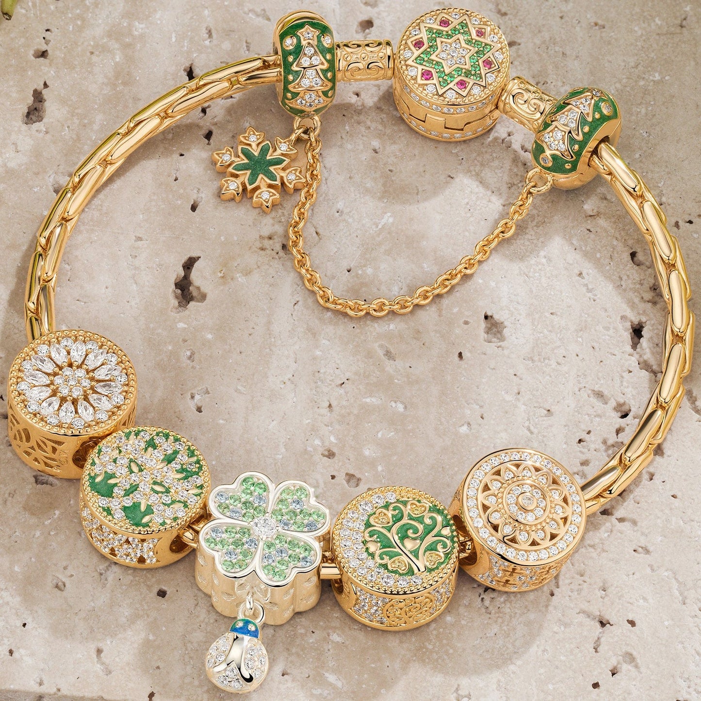 Sterling Silver Lush Greenery Charms Bracelet Set, Featuring Dual Plating in 14K Gold and White Gold (Includes bracelet and all charms shown)