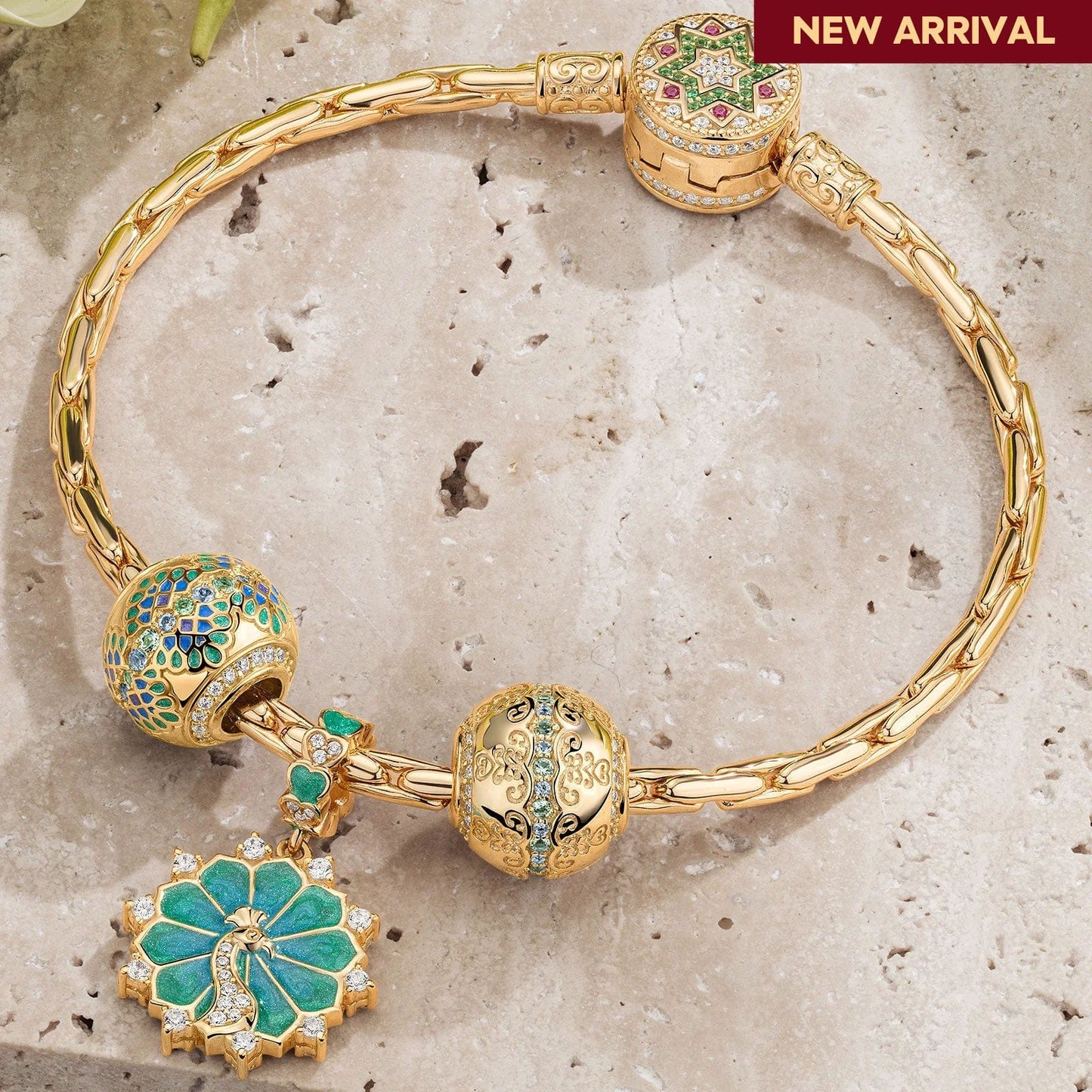 Sterling Silver Energetic Flourish Charms Bracelet Set In 14K Gold Plated (Includes bracelet and all charms shown)