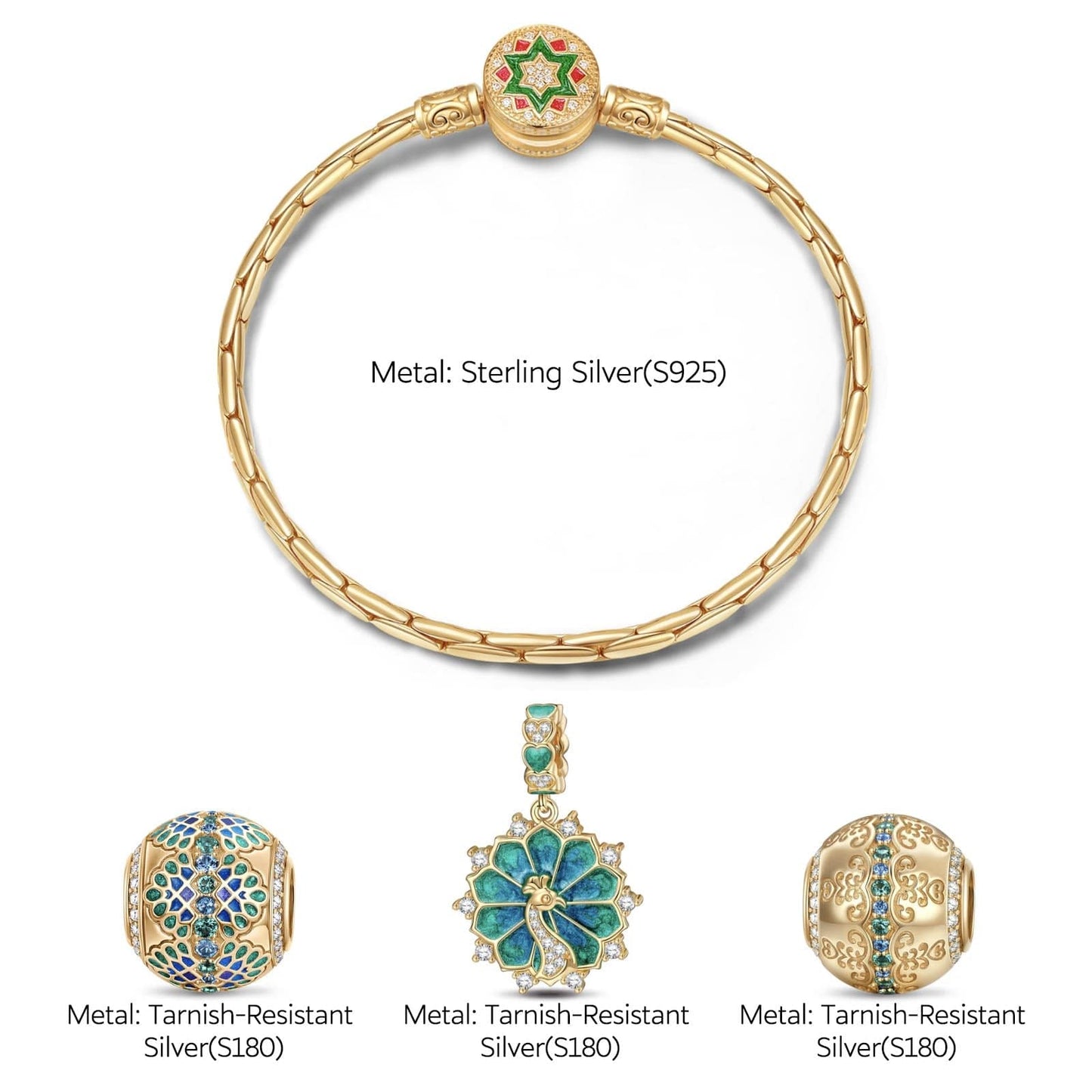 Sterling Silver Energetic Flourish Charms Bracelet Set In 14K Gold Plated (Includes bracelet and all charms shown)