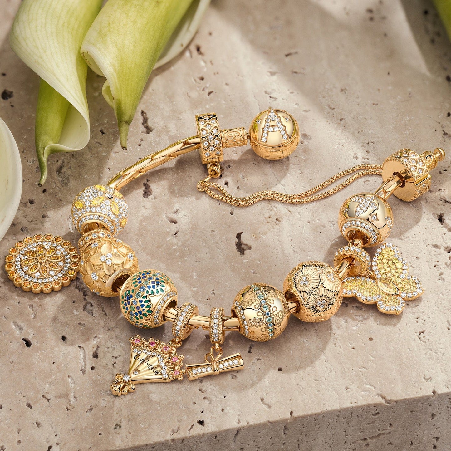 Sterling Silver Upward Blossoming Charms Bracelet Set In 14K Gold Plated (Includes bracelet and all charms shown)