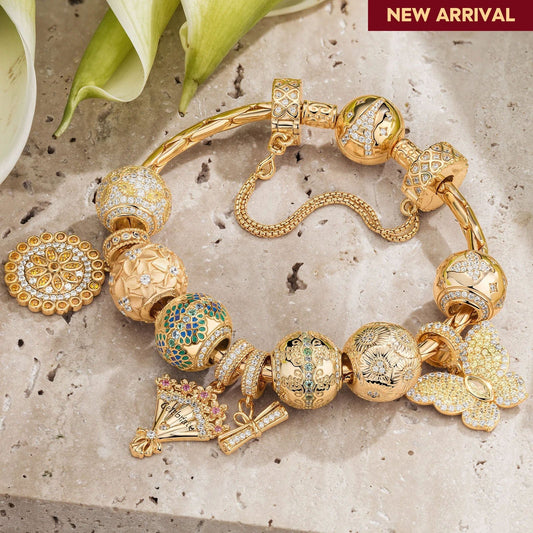 gona- Sterling Silver Upward Blossoming Charms Bracelet Set In 14K Gold Plated (Includes bracelet and all charms shown)