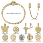 Sterling Silver Upward Blossoming Charms Bracelet Set In 14K Gold Plated (Includes bracelet and all charms shown)