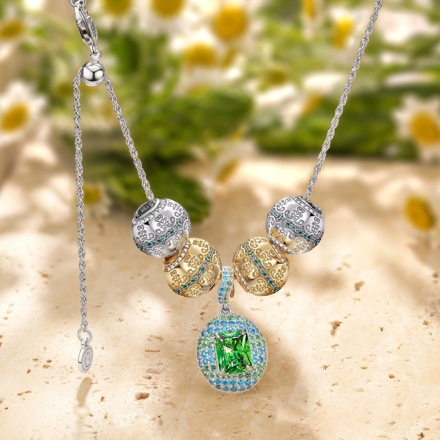 Sterling Silver Adjustable Rope Chain Necklace with Slider Clasp Flourishing Vine Charms Necklace Set, Featuring Dual Plating in 14K Gold and White Gold