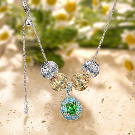 gona- Sterling Silver Adjustable Rope Chain Necklace with Slider Clasp Flourishing Vine Charms Necklace Set, Featuring Dual Plating in 14K Gold and White Gold