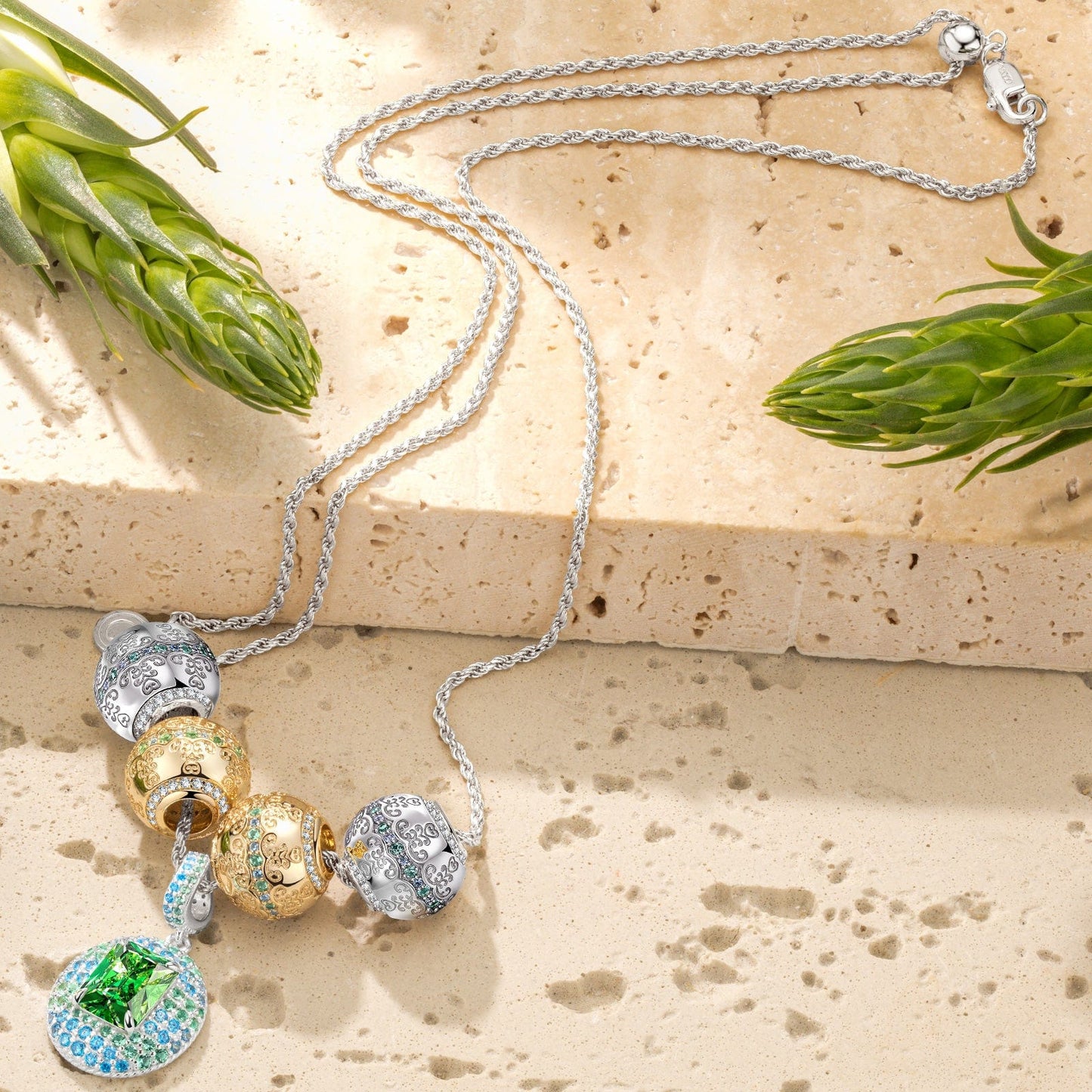 Sterling Silver Adjustable Rope Chain Necklace with Slider Clasp Flourishing Vine Charms Necklace Set, Featuring Dual Plating in 14K Gold and White Gold