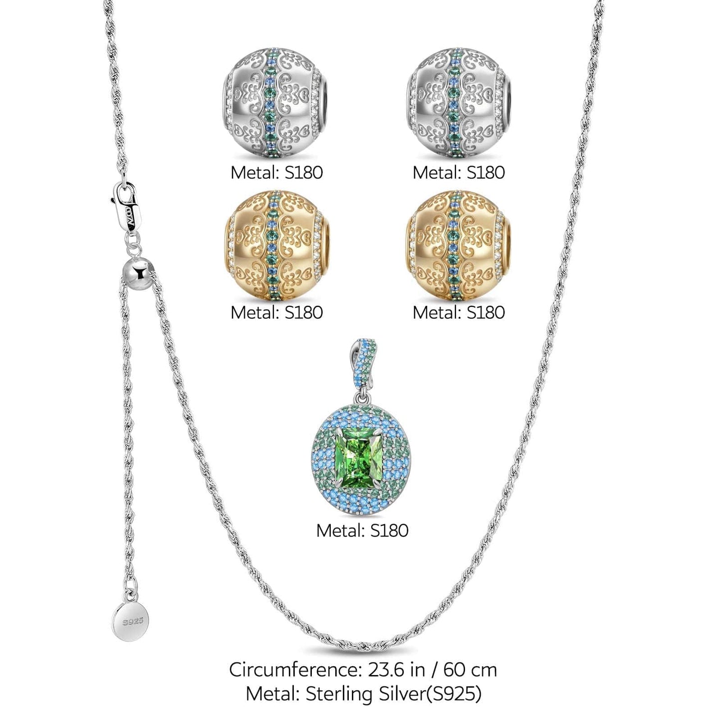 Sterling Silver Adjustable Rope Chain Necklace with Slider Clasp Flourishing Vine Charms Necklace Set, Featuring Dual Plating in 14K Gold and White Gold