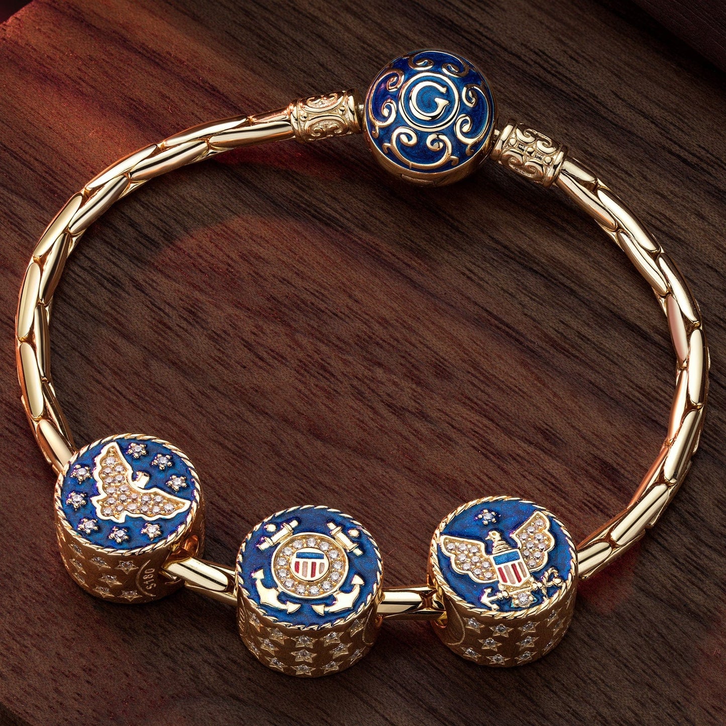 Sterling Silver Azure Forces Charms Bracelet Set With Enamel In 14K Gold Plated (Includes bracelet and all charms shown)