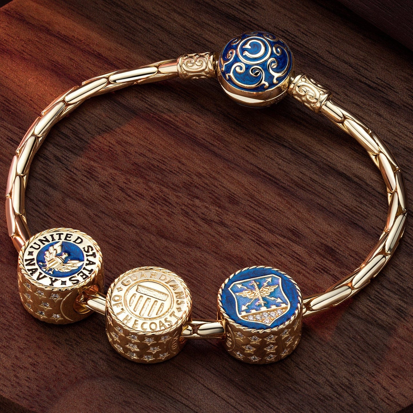 Sterling Silver Azure Forces Charms Bracelet Set With Enamel In 14K Gold Plated (Includes bracelet and all charms shown)