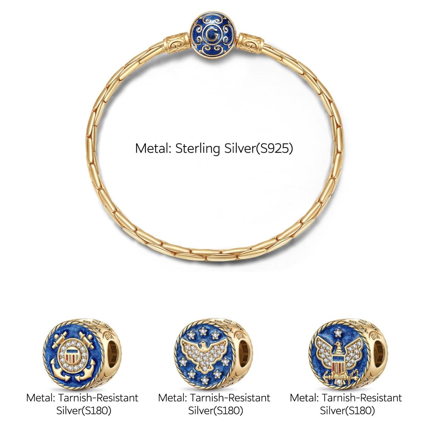 Sterling Silver Azure Forces Charms Bracelet Set With Enamel In 14K Gold Plated (Includes bracelet and all charms shown)