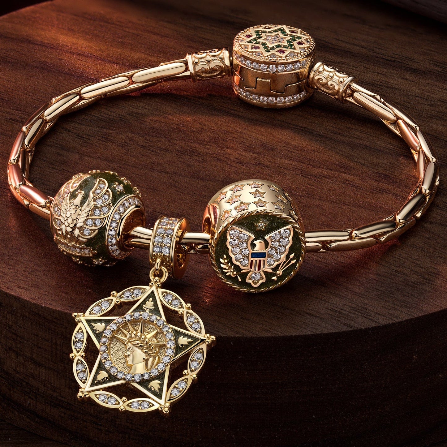 Sterling Silver Green Horizon Charms Bracelet Set With Enamel In 14K Gold Plated (Includes bracelet and all charms shown)