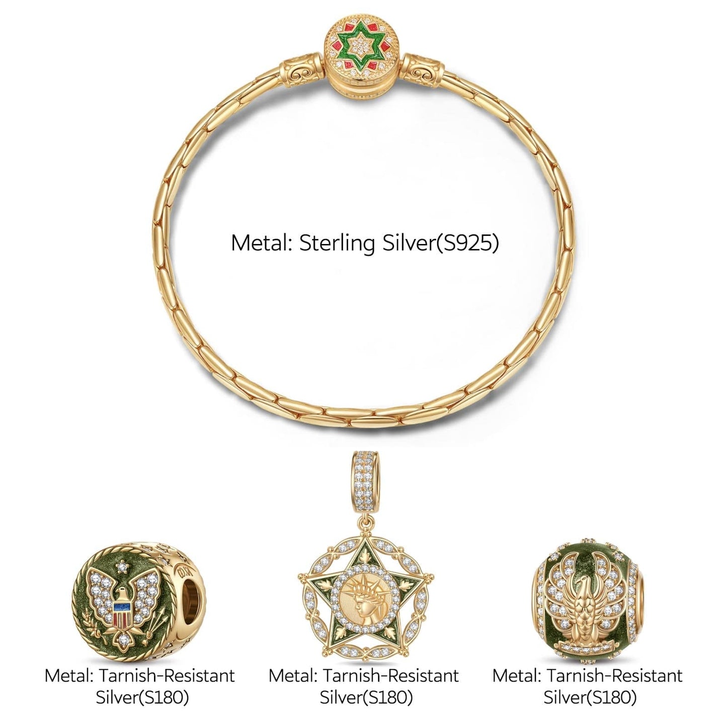 Sterling Silver Green Horizon Charms Bracelet Set With Enamel In 14K Gold Plated (Includes bracelet and all charms shown)
