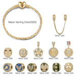 Sterling Silver Force and Protection Charms Bracelet Set With Enamel In 14K Gold Plated (Includes bracelet and all charms shown)