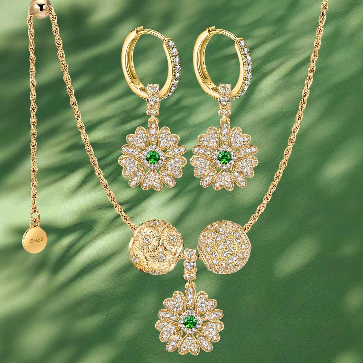 Sterling Silver Adjustable Rope Chain Necklace with Slider Clasp Blossoming Brilliance Charms Necklace and Earrings Set In 14K Gold Plated