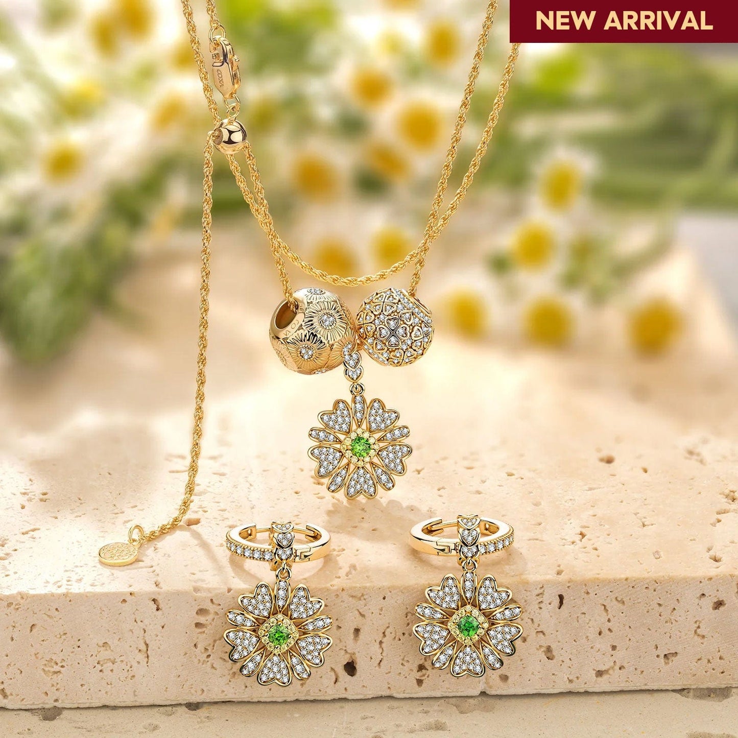 Sterling Silver Adjustable Rope Chain Necklace with Slider Clasp Blossoming Brilliance Charms Necklace and Earrings Set In 14K Gold Plated