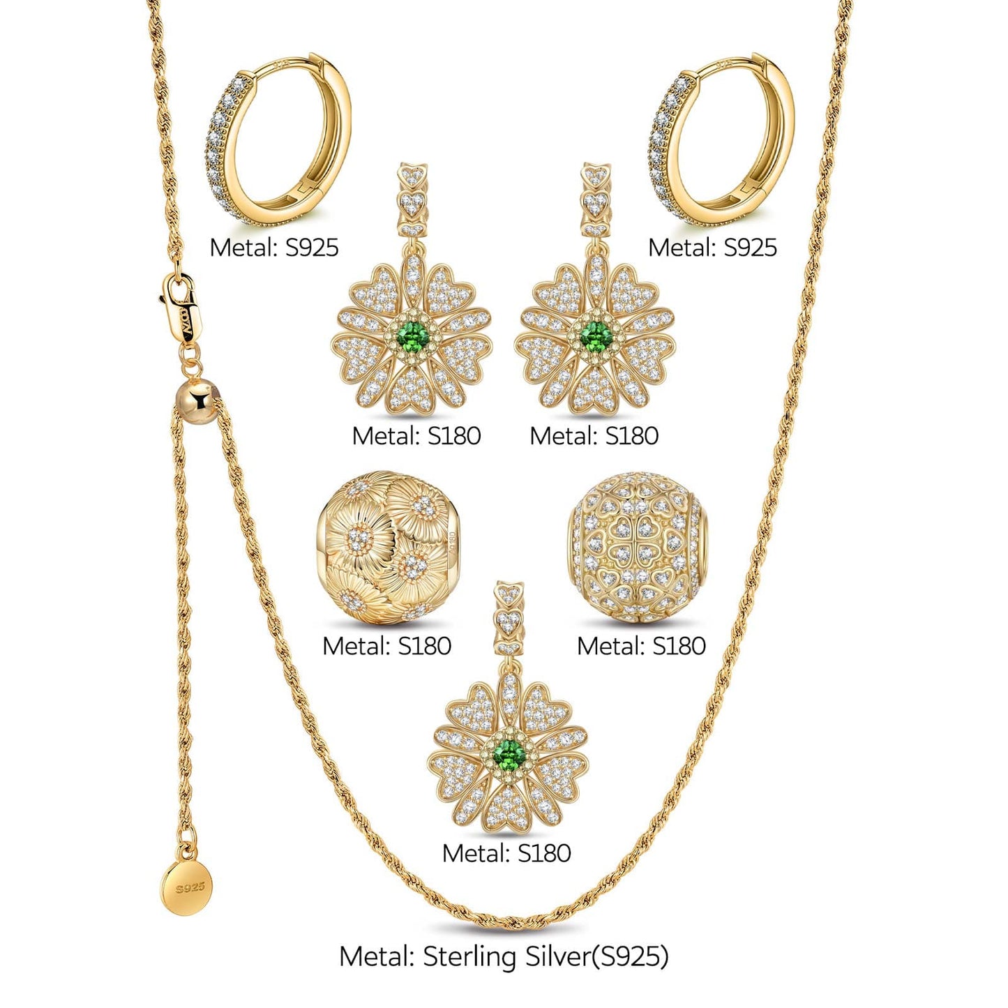 Sterling Silver Adjustable Rope Chain Necklace with Slider Clasp Blossoming Brilliance Charms Necklace and Earrings Set In 14K Gold Plated