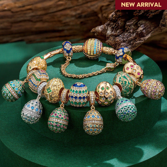 gona- Sterling Silver Springtime Serenity Easter Eggs Charms Bracelet Set With Enamel In 14K Gold Plated (Includes bracelet and all charms shown)
