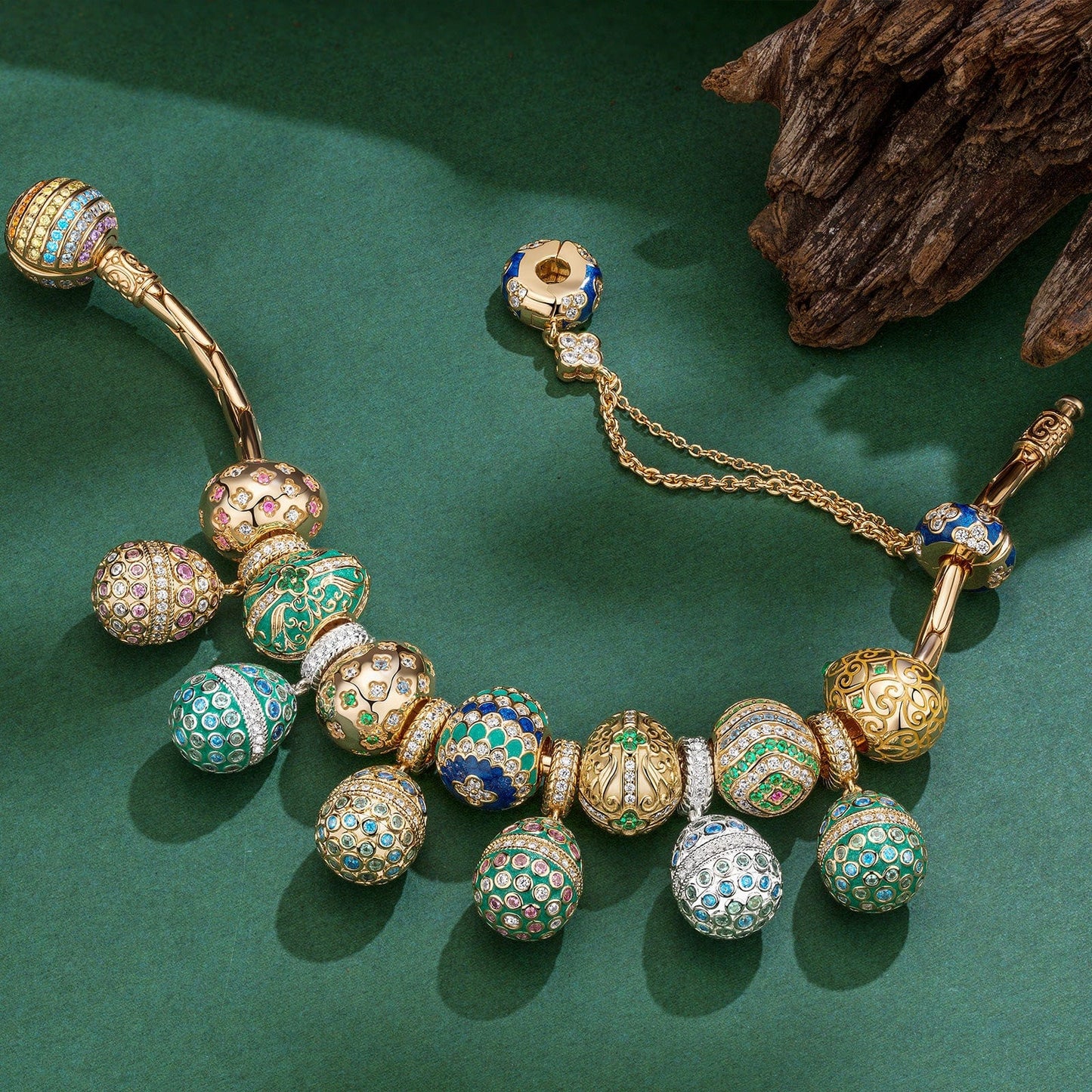 Sterling Silver Springtime Serenity Easter Eggs Charms Bracelet Set With Enamel In 14K Gold Plated (Includes bracelet and all charms shown)