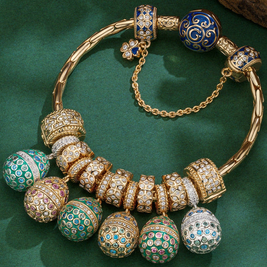 gona- Sterling Silver Renewal Radiance Easter Eggs Charms Bracelet Set With Enamel In 14K Gold Plated (Includes bracelet and all charms shown)