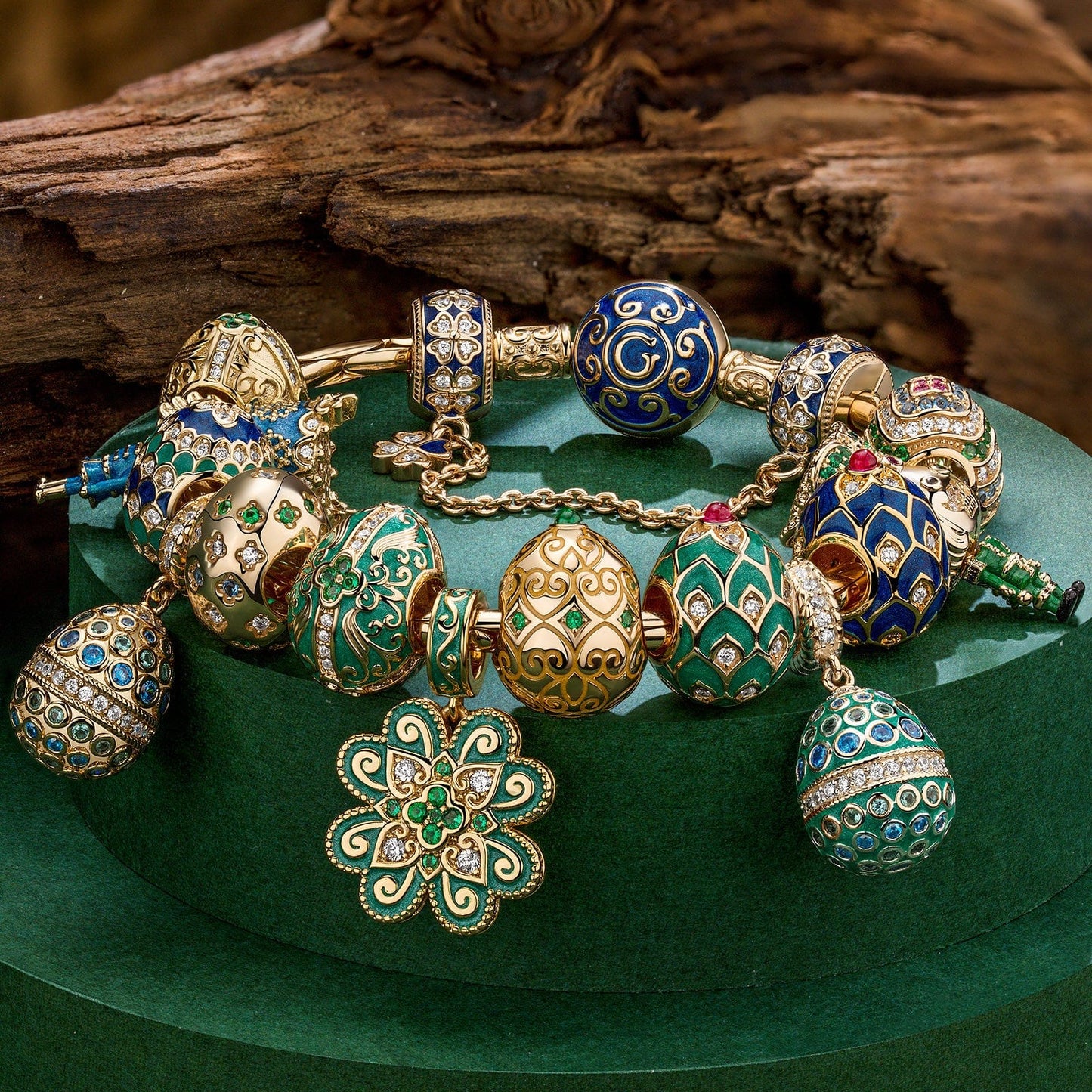 Sterling Silver Regal Easter Symphony Easter Eggs Charms Bracelet Set With Enamel In 14K Gold Plated (Includes bracelet and all charms shown)