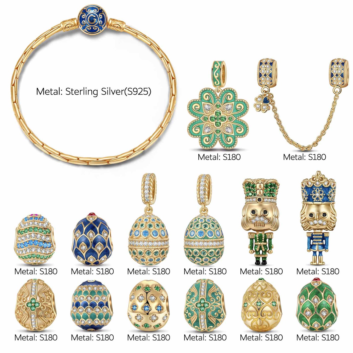 Sterling Silver Regal Easter Symphony Easter Eggs Charms Bracelet Set With Enamel In 14K Gold Plated (Includes bracelet and all charms shown)
