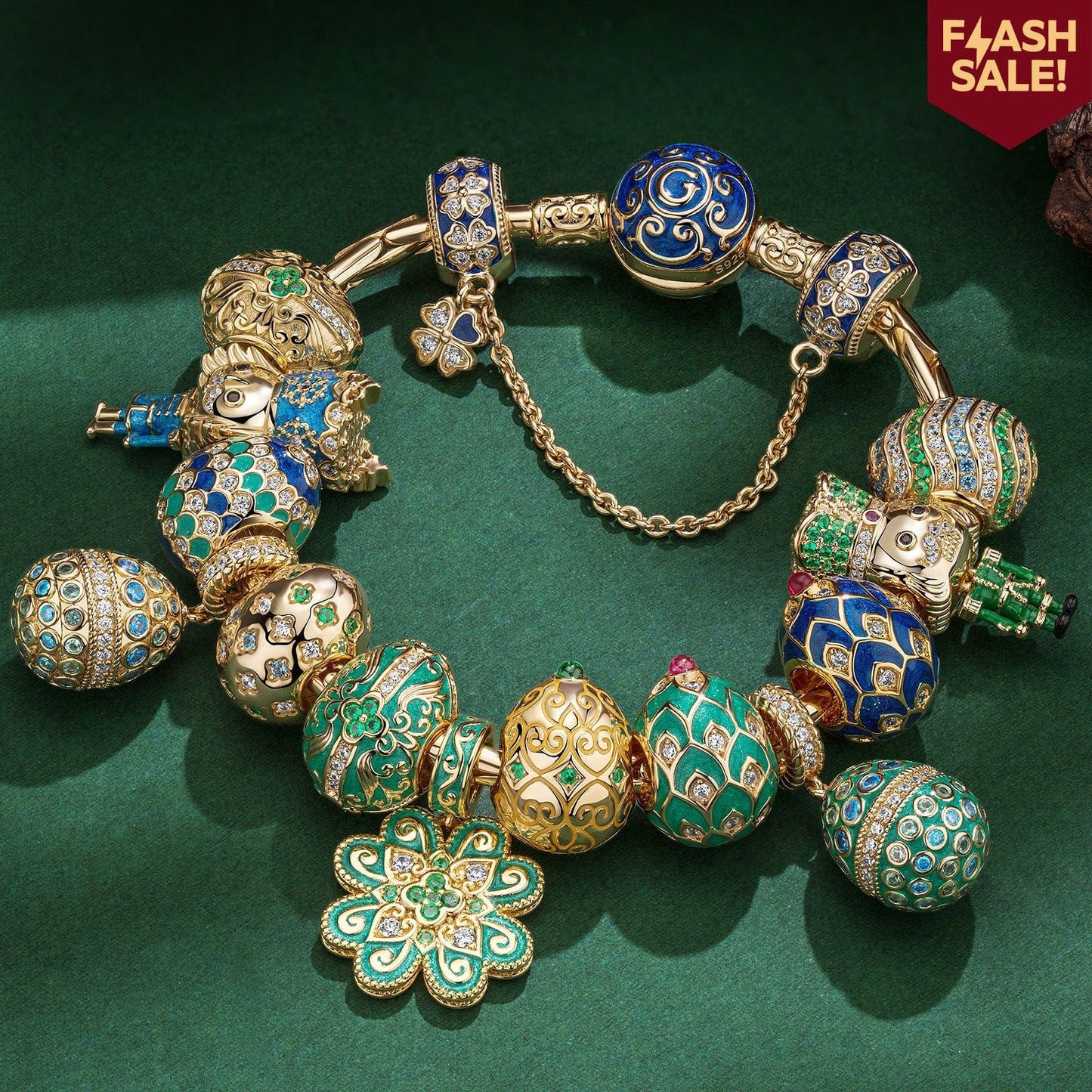 Sterling Silver Regal Easter Symphony Easter Eggs Charms Bracelet Set With Enamel In 14K Gold Plated (Includes bracelet and all charms shown)