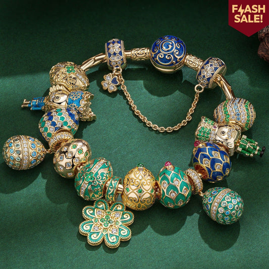 gona- Sterling Silver Regal Easter Symphony Easter Eggs Charms Bracelet Set With Enamel In 14K Gold Plated (Includes bracelet and all charms shown)