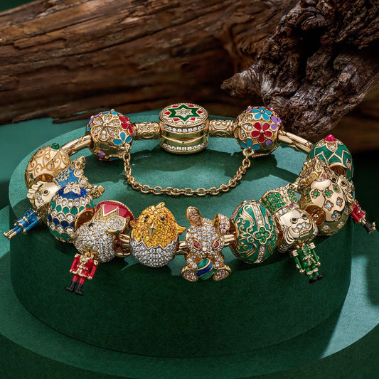 gona- Sterling Silver Whimsical Wonderland Easter Eggs Charms Bracelet Set With Enamel In 14K Gold Plated (Includes bracelet and all charms shown)
