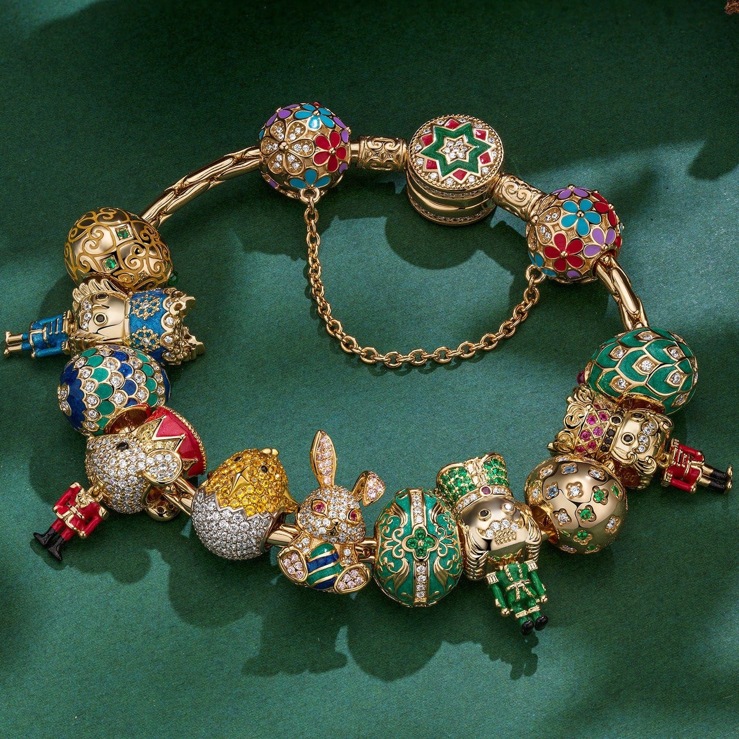 Sterling Silver Whimsical Wonderland Easter Eggs Charms Bracelet Set With Enamel In 14K Gold Plated (Includes bracelet and all charms shown)