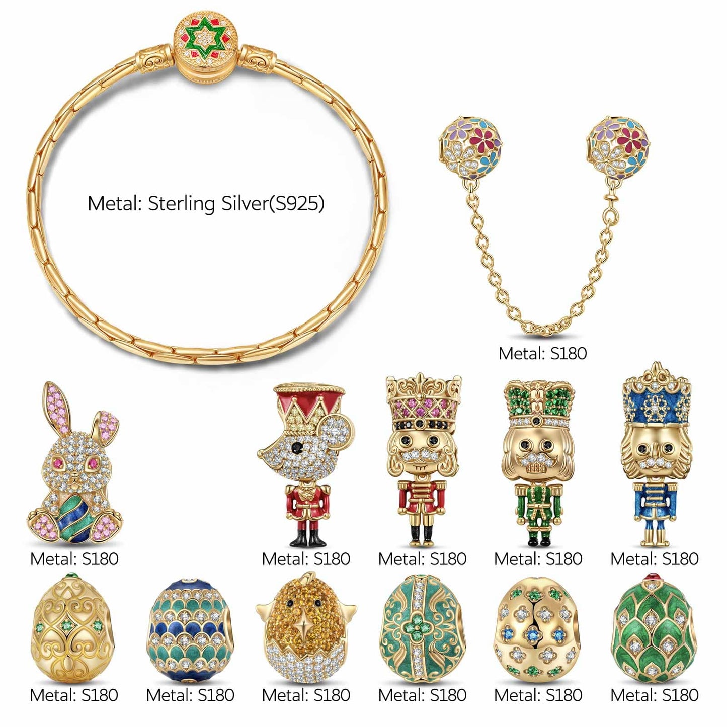 Sterling Silver Whimsical Wonderland Easter Eggs Charms Bracelet Set With Enamel In 14K Gold Plated (Includes bracelet and all charms shown)