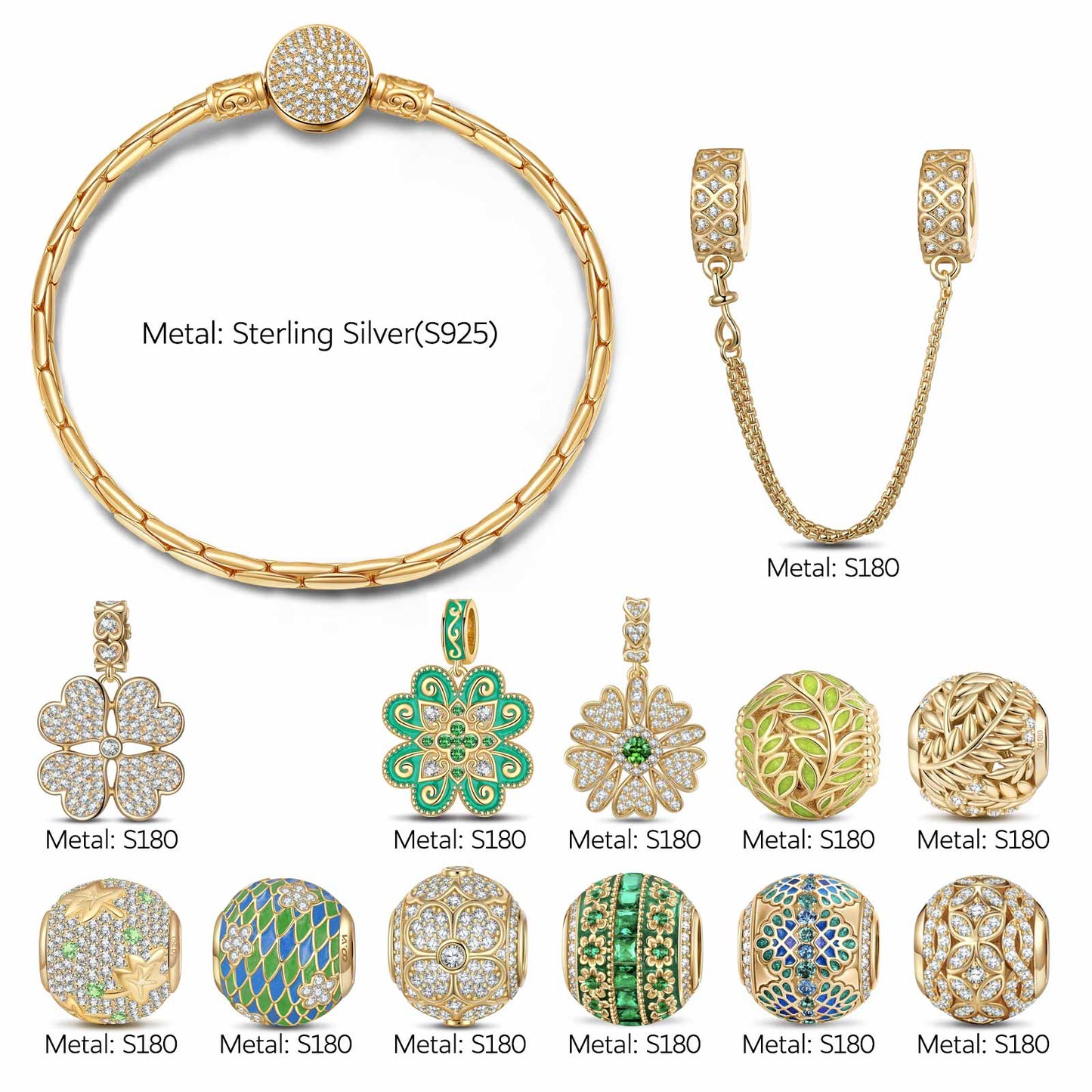 Sterling Silver Fields of Fortune Charms Bracelet Set With Enamel In 14K Gold Plated (Includes bracelet and all charms shown)