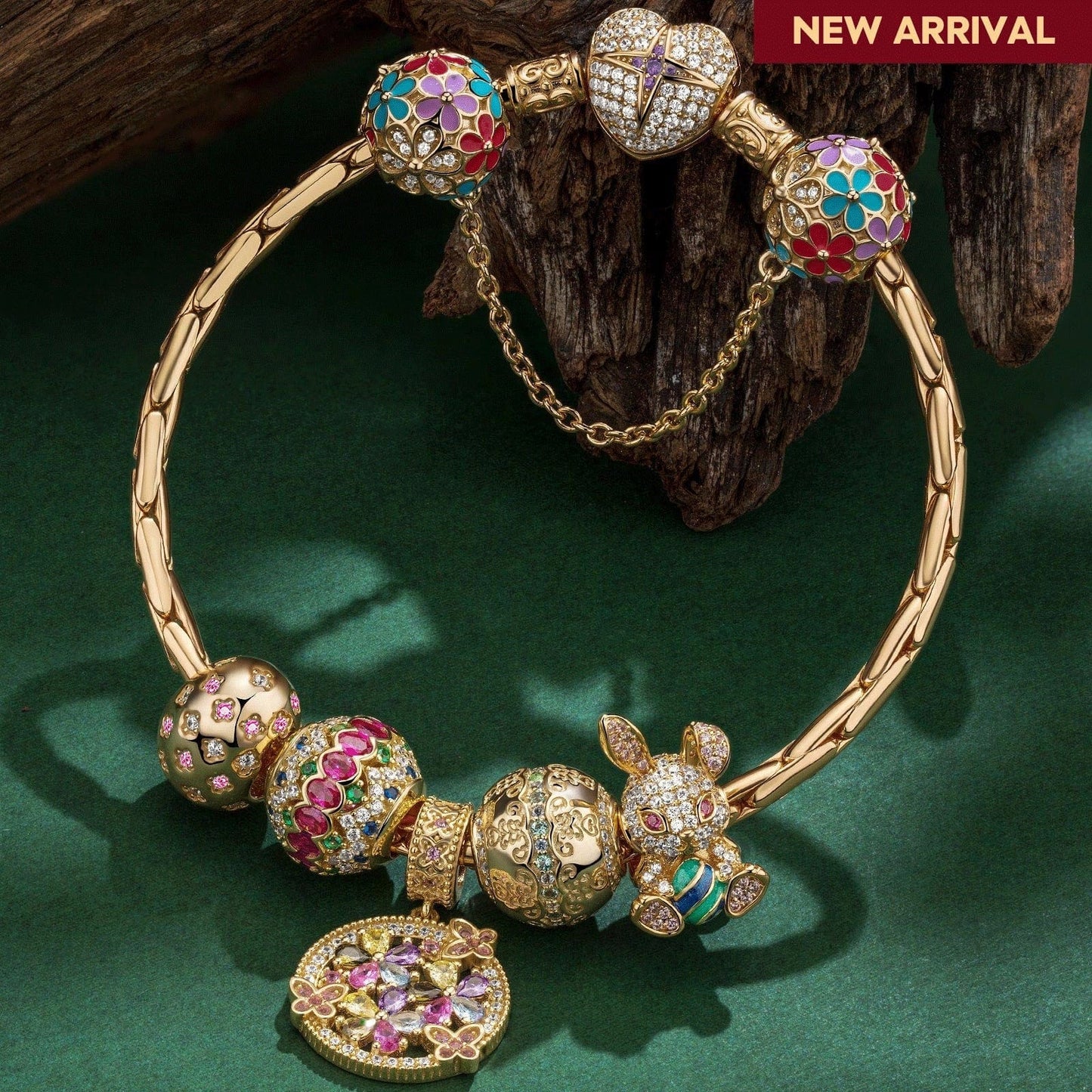 Sterling Silver Gilded Wonders Easter Eggs Charms Bracelet Set In 14K Gold Plated (Includes bracelet and all charms shown)