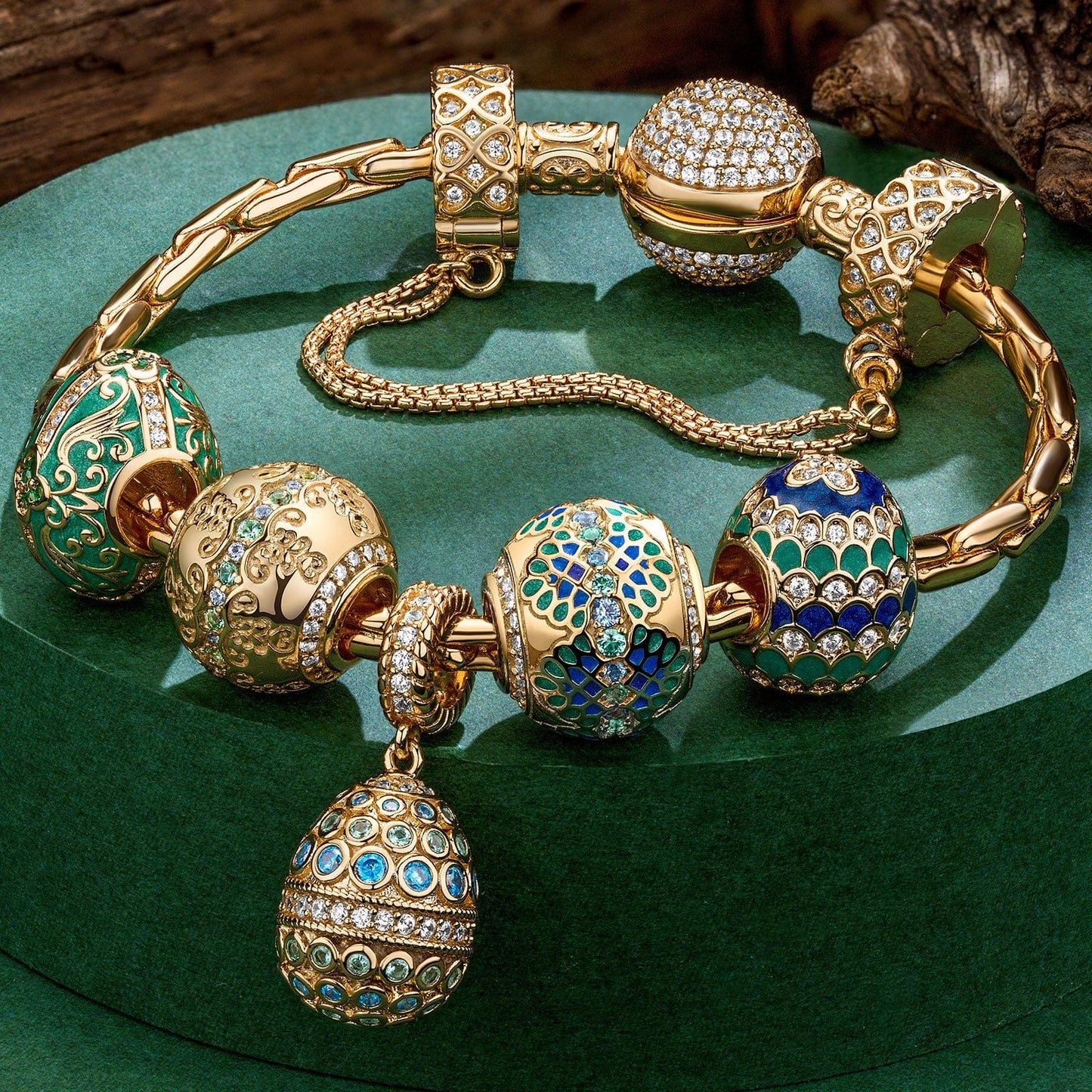 Sterling Silver Baroque Fantasy Easter Eggs Charms Bracelet Set With Enamel In 14K Gold Plated (Includes bracelet and all charms shown)
