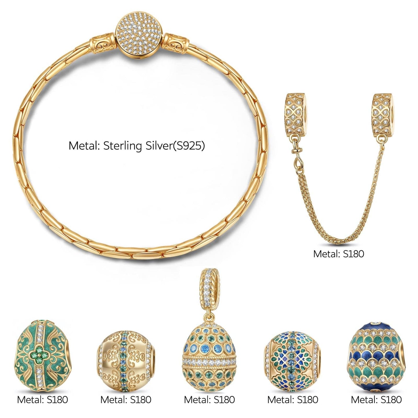 Sterling Silver Baroque Fantasy Easter Eggs Charms Bracelet Set With Enamel In 14K Gold Plated (Includes bracelet and all charms shown)