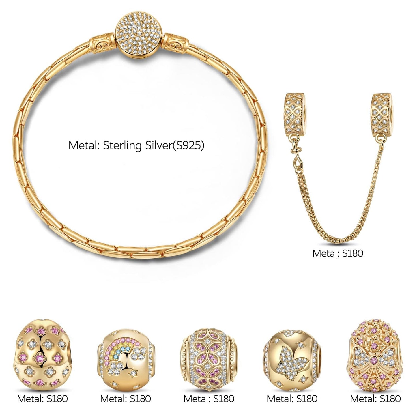 Sterling Silver Celestial Butterfly Bliss Easter Eggs Charms Bracelet Set In 14K Gold Plated (Includes bracelet and all charms shown)