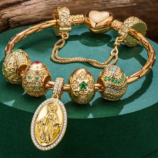 gona- Sterling Silver Holy Cross Blessing Easter Eggs Charms Bracelet Set In 14K Gold Plated (Includes bracelet and all charms shown)