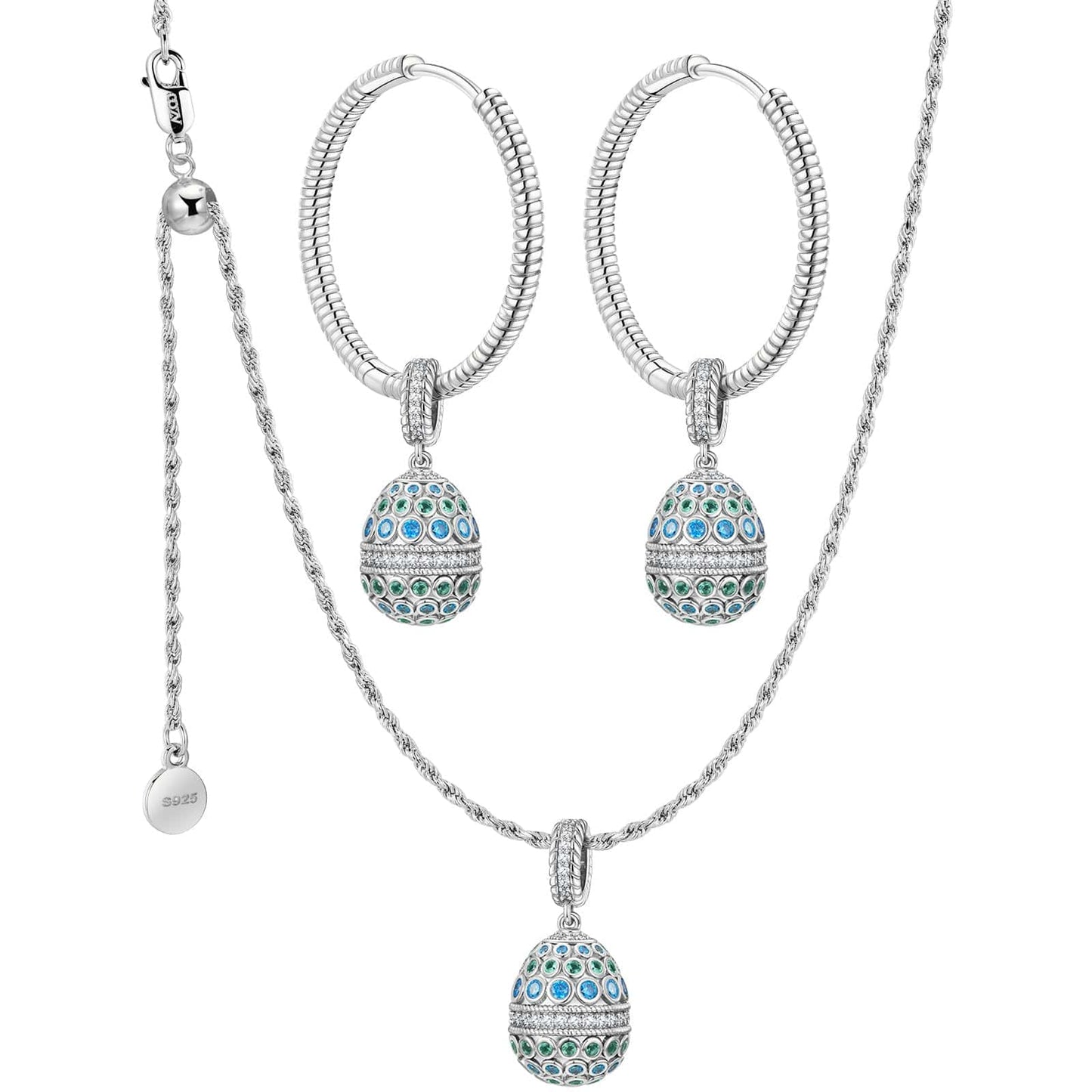Sterling Silver Adjustable Rope Chain Necklace With Slider Clasp Sapphire Serenade Charm Necklace and Earrings Set In White Gold Plated