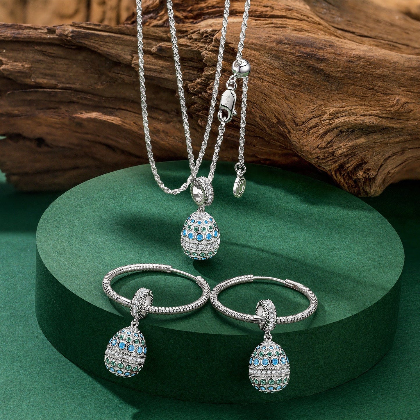 Sterling Silver Adjustable Rope Chain Necklace With Slider Clasp Sapphire Serenade Charm Necklace and Earrings Set In White Gold Plated