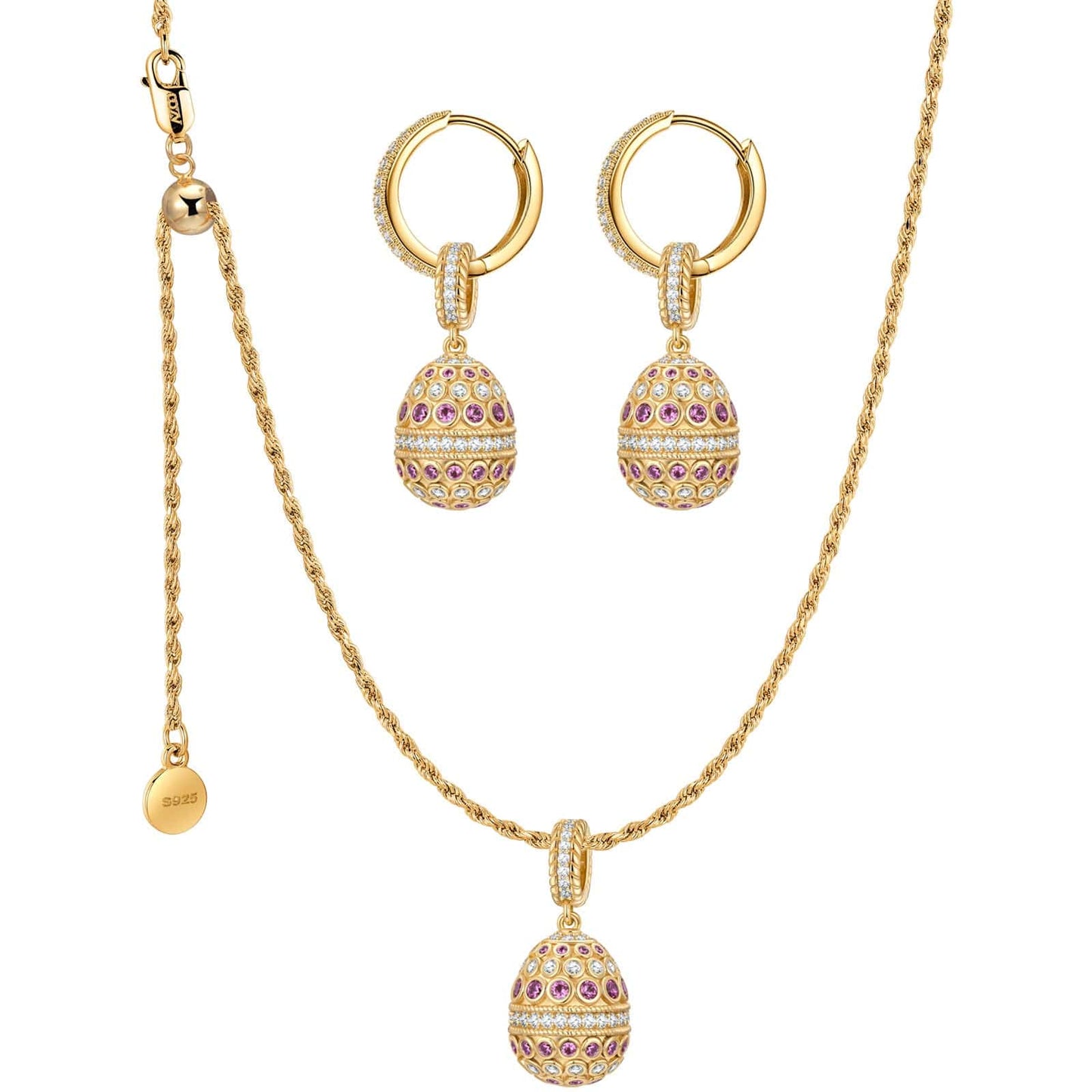Sterling Silver Adjustable Rope Chain Necklace With Slider Clasp Ruby Serenade Charm Necklace and Earrings Set In 14K Gold Plated