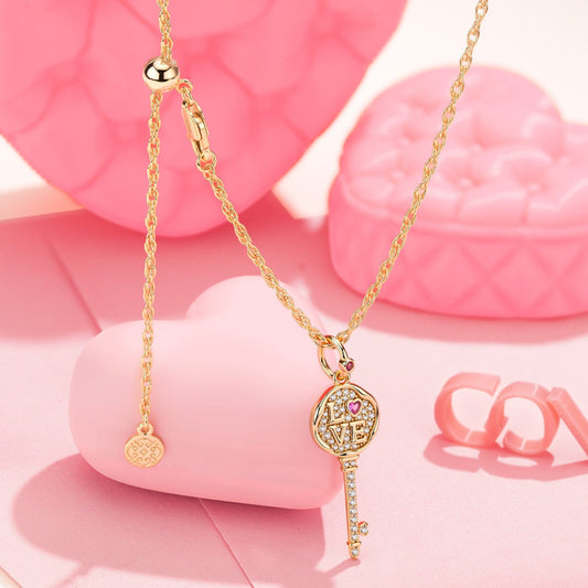 gon- Sterling Silver Adjustable Rope Chain Necklace with Slider Clasp Key to Eternity Charms Necklace Set In 14K Gold Plated