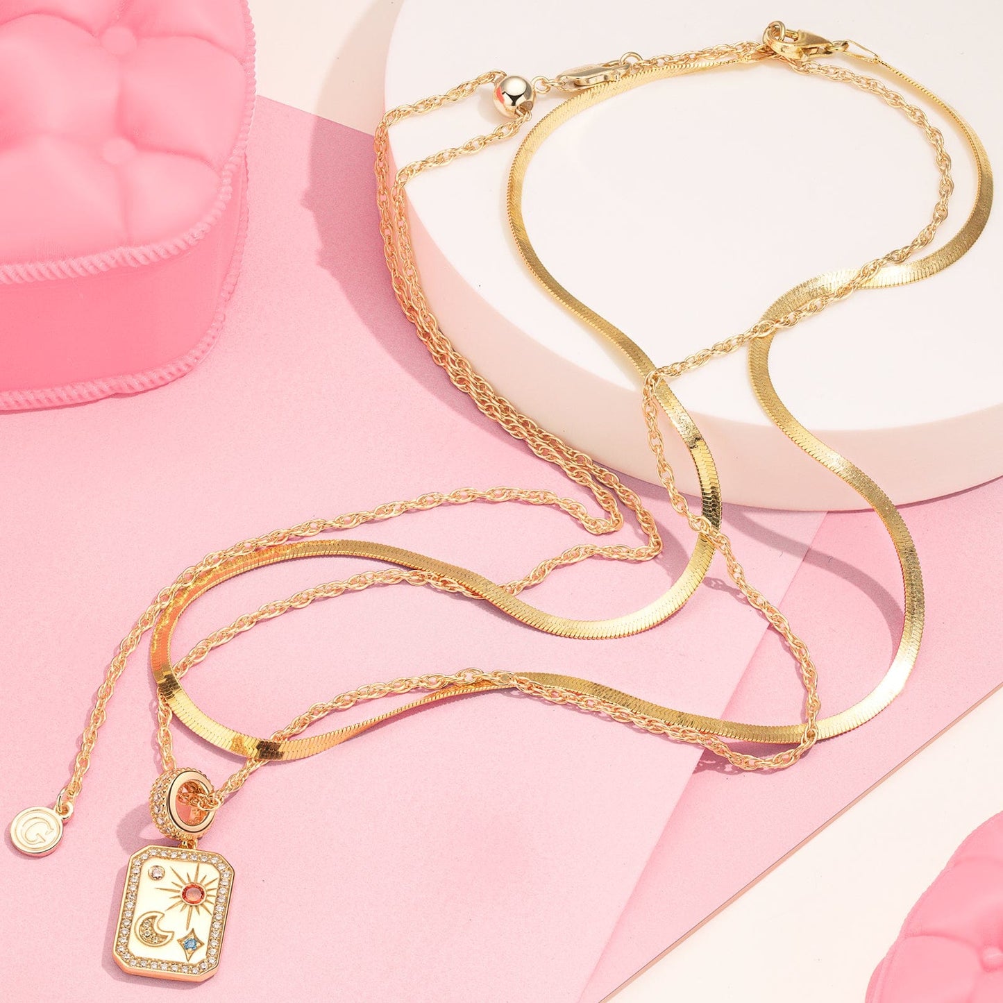 Sterling Silver Layered Necklaces Set: Adjustable Rope Chain Necklace with Slider Clasp Customizable Engraving A Time Remembered Charms Necklace Set In 14K Gold Plated