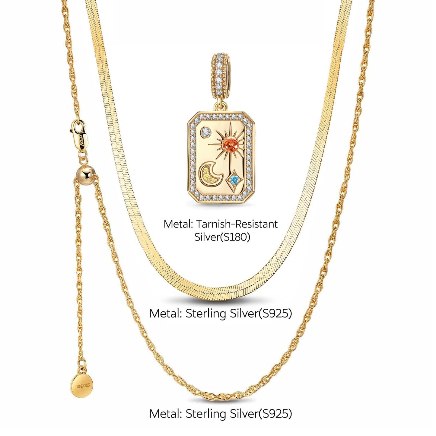 Sterling Silver Layered Necklaces Set: Adjustable Rope Chain Necklace with Slider Clasp Customizable Engraving A Time Remembered Charms Necklace Set In 14K Gold Plated