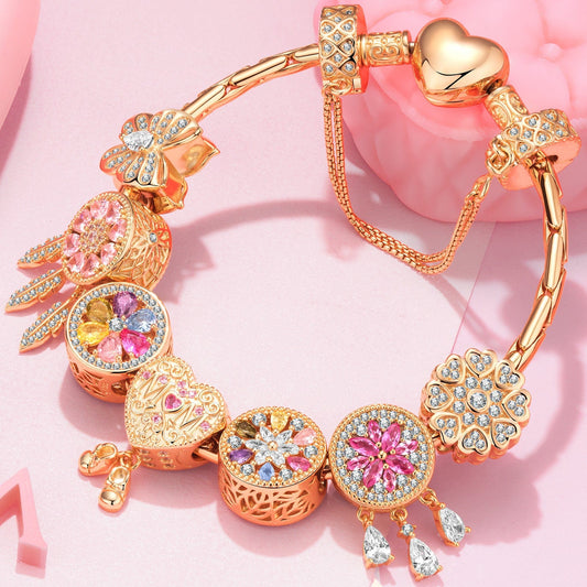 gon- Sterling Silver Blossom Dreamy Charms Bracelet Set In 14K Gold Plated (Includes bracelet and all charms shown)